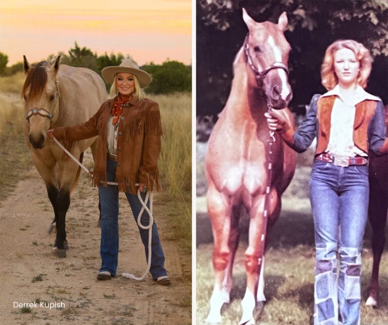 Current Tanya Tucker image side by side with a photo of a younger Tanya and horse