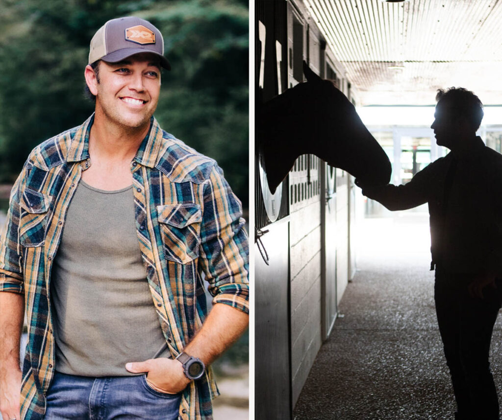 Lucas Hoge and a horse in a stable