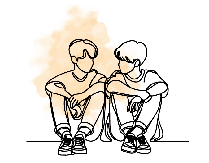 line drawing of two boys sitting on the ground